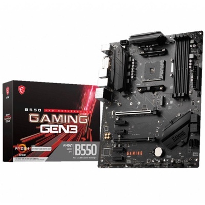 Placa-mãe MSI B550 GAMING GEN3 e caixa preta com texto e logotipos AMD e Ryzen