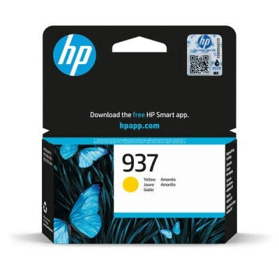 Embalagem de tinteiro HP amarelo com borboletas azuis e texto multilingue