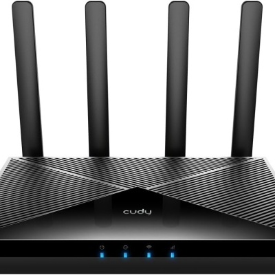 Roteador sem fios preto com seis antenas e luzes LED azuis