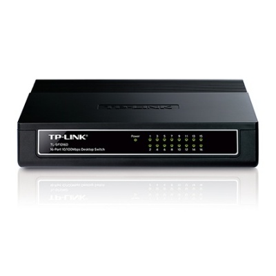 Interruptor de rede TP-LINK preto com 16 portas e indicadores LED