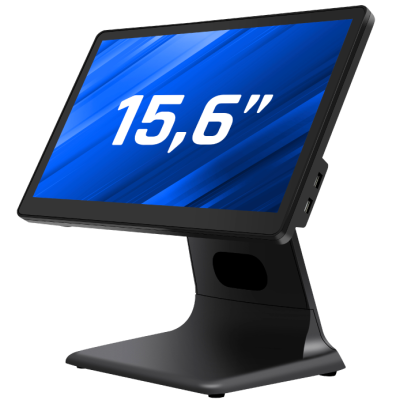 Monitor ou ecrã digital preto de 15,6 polegadas com suporte integrado e portas USB
