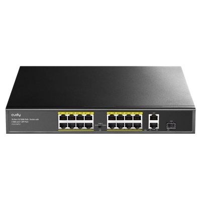 Switch de rede preto Cudy 16 portas 10/100M PoE+ com 2 portas Gigabit e 1 SFP