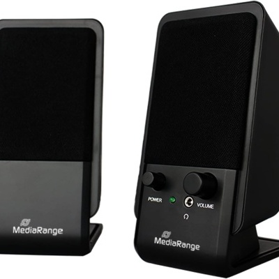 Par de colunas de som MediaRange pretas com botões e luz LED