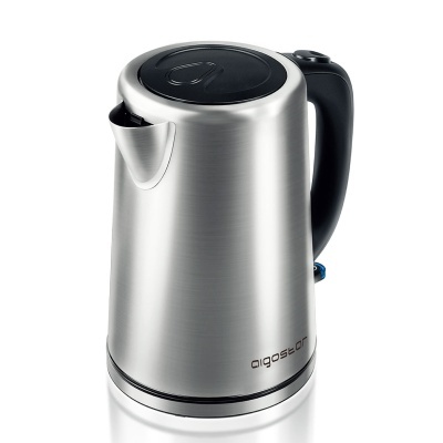 Bule elétrico de aço inoxidável com pega e tampa pretas e marca aigostar