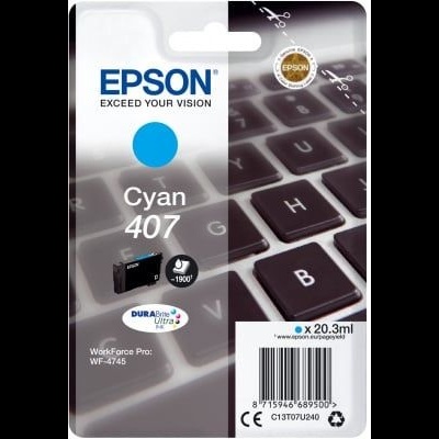 Embalagem de tinteiro Epson cian 407 com texto e teclado ao fundo