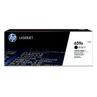 Embalagem de toner HP LaserJet 659A preta com texto e gráficos futuristas