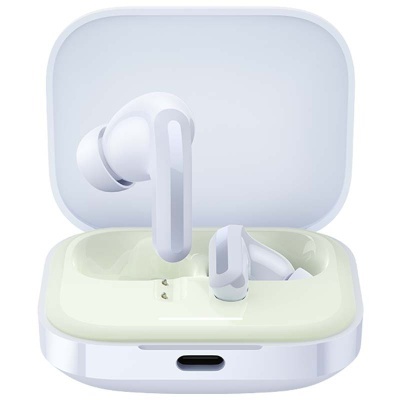 Auscultadores sem fios brancos com estojo de carregamento aberto