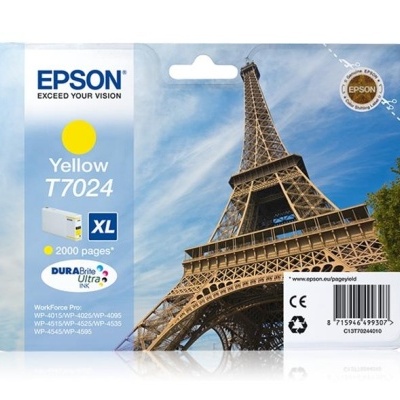 Embalagem de tinta amarela Epson T7024 XL com imagem da Torre Eiffel