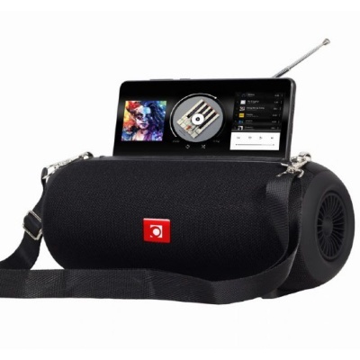 Coluna portátil preta com rádio e ecrã digital