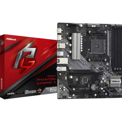 Placa-mãe ASRock B550M Phantom Gaming 4 com caixa vermelha e preta.