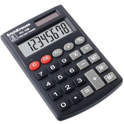 Calculadora ErichKrause PC-102 preta com botoes coloridos e painel solar