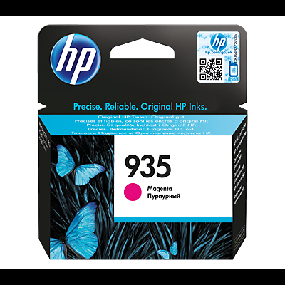 Embalagem de cartucho de tinta HP 935 magenta com design de borboletas azuis sobre folhas escuras.
