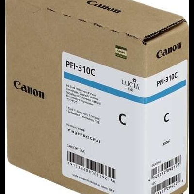 Embalagem de cartucho de tinta Canon PFI-310C cor ciano com etiquetas e códigos de barras