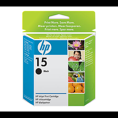 Cartucho de tinta HP 15 preto em embalagem colorida com várias imagens