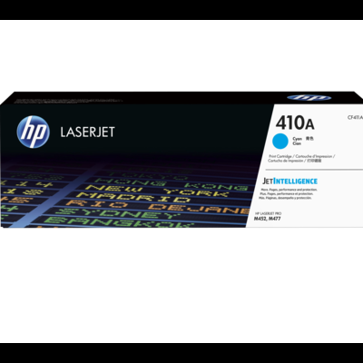 Caixa de toner HP LaserJet 410A ciano com texto JetIntelligence