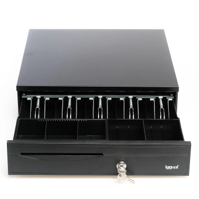 Gaveta de caixa registadora preta com compartimentos e chaves