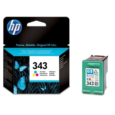 Cartucho de tinta HP 343 tri-color com embalagem preta e azul com borboletas