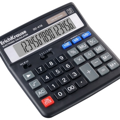 Calculadora eletrónica preta ErichKrause DC-416 com ecrã digital e vários botões coloridos