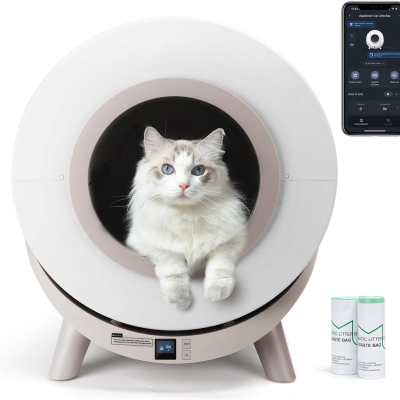 Casa de banho automática para gatos branca e bege com gato no interior e telemóvel com app
