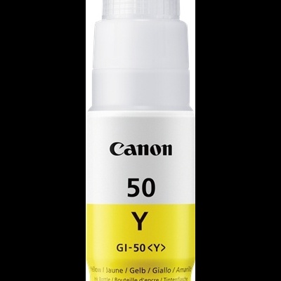 Frasco de tinta Canon GI-50 amarela com rótulo branco e amarelo
