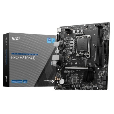 Placa-mãe MSI PRO H610M-E preta com caixa cinza e texto azul e branco