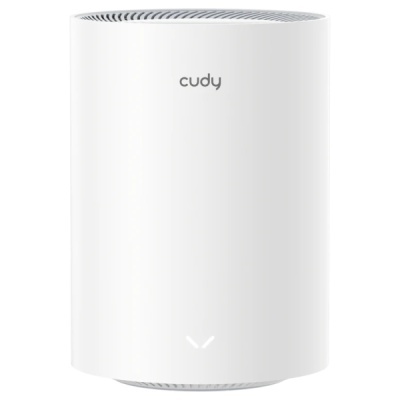 Roteador Wi-Fi branco cilíndrico com marca Cudy