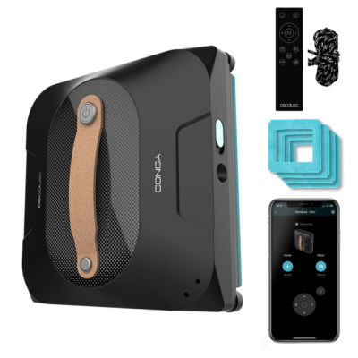 Robô aspirador preto com alça de couro, comando, filtros azuis, cabo e smartphone com app