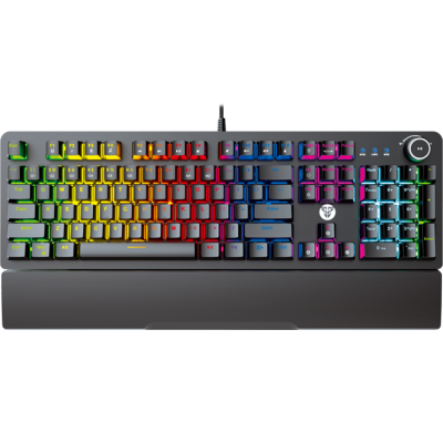 Teclado mecânico gaming preto com retroiluminação RGB colorida e descanso de pulso