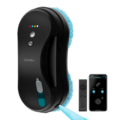 Robot de limpeza de janelas preto com controle remoto e smartphone.