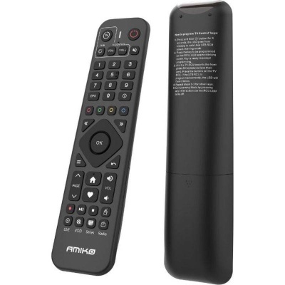 Comando remoto preto AMIKO com instruções na parte de trás