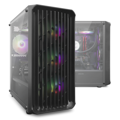 Computadores de secretária com caixas pretas e ventoinhas RGB