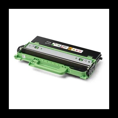 Cartucho de toner preto com base verde e etiquetas de aviso no topo