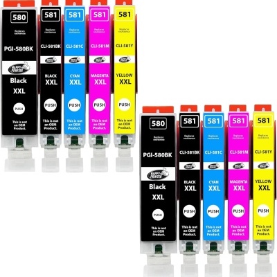 Cartuchos de tinta para impressora em várias cores com etiquetas coloridas e texto