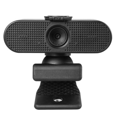 Webcam preta com lente central e suporte ajustável