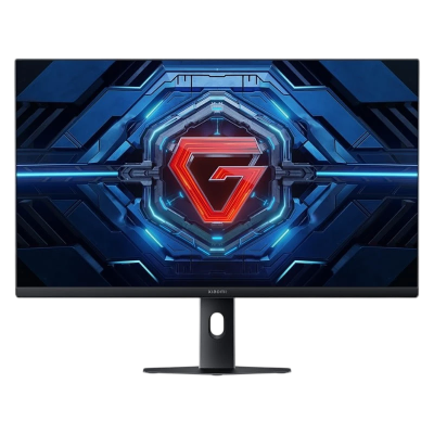 Monitor plano preto com base redonda e imagem digital azul e vermelha