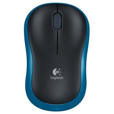 Rato de computador sem fios preto com bordos azuis e logotipo Logitech