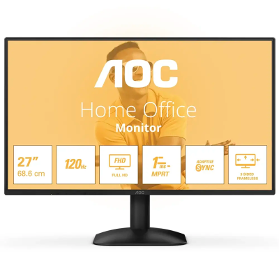 Monitor AOC Home Office 27 polegadas com especificações técnicas visíveis no ecrã