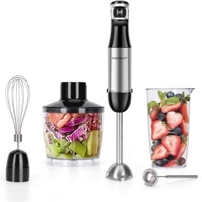 Conjunto de varinha mágica Aigostar com acessórios, copo medidor e picadora com vegetais e frutas.