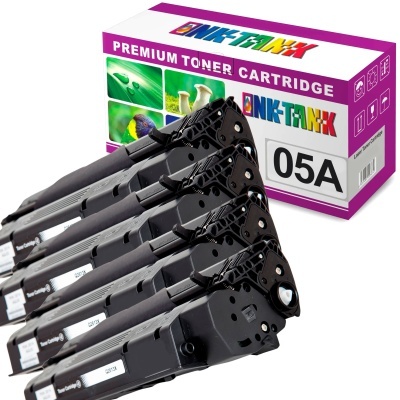Quatro cartuchos de toner negros com caixa INKTANK 05A ao fundo