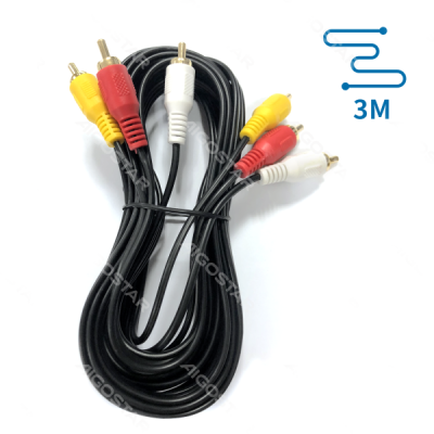 Cabo áudio e vídeo com conectores RCA amarelo, vermelho e branco em fundo branco