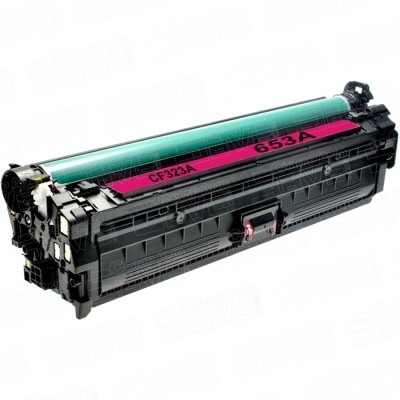 Cartucho de toner preto com cilindro verde e etiqueta rosa CF323A 653A