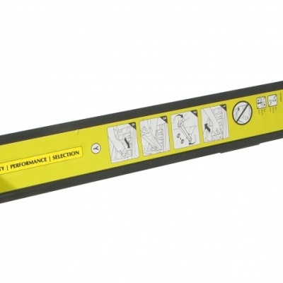 Barra preta com etiqueta amarela e instruções ilustradas em fundo branco