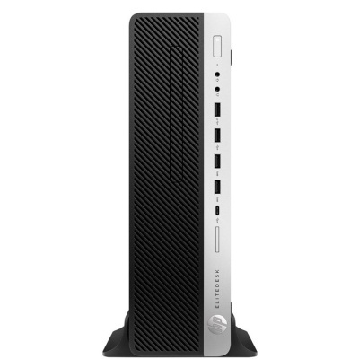 Computador desktop HP EliteDesk preto e prateado em suporte vertical