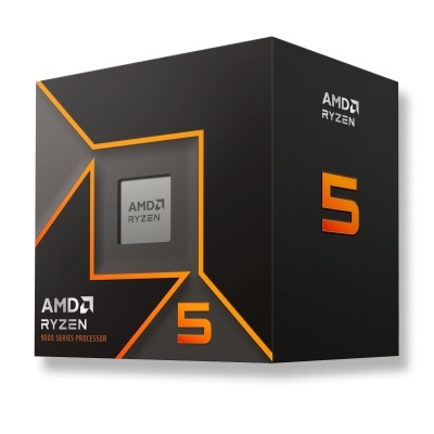 Caixa preta de processador AMD Ryzen 5 com detalhes laranja e branco