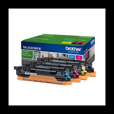Cartuchos de toner Brother TN-243CMYK em várias cores com embalagens