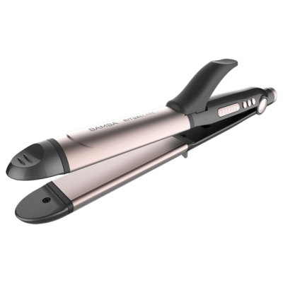Alisador e modelador de cabelo metálico prateado com detalhes pretos e botões