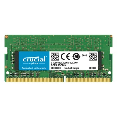 Módulo de memória RAM DDR4 SO-DIMM da Crucial com etiquetas e contactos dourados