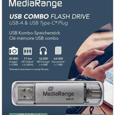 Pen USB MediaRange USB Combo 64GB em embalagem azul