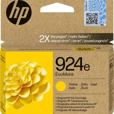 Embalagem de cartucho de tinta HP 924e EvoMore amarela com imagem de flor.