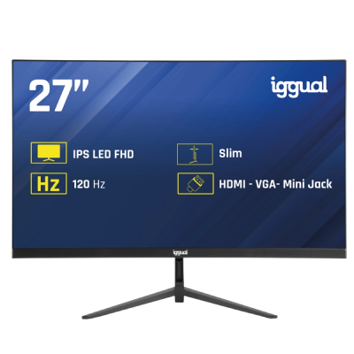 Monitor 27 polegadas preto com texto de especificações técnicas na tela